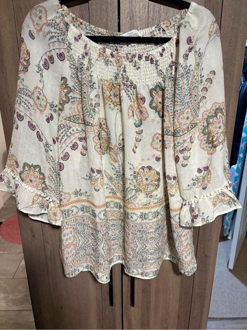 new directions Cream Paisley Peasant Blouse with Ruffle Sleeves